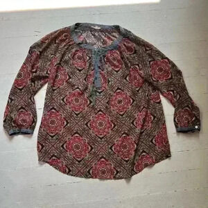 Mystree Mulitcolored Patterned 3/4 Sleeve Boho Western Blouse Women’s Size Small
